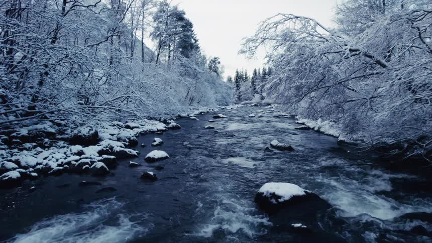 A river flows through a winter landscape its dark waters contrasting with the snowcovered trees and rocks lining its banks under an overcast sky
