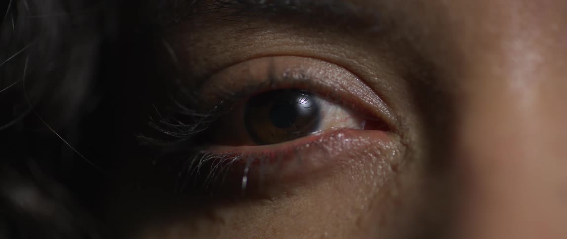 A closeup of an eye opening and closing showing skin texture and eyelashes