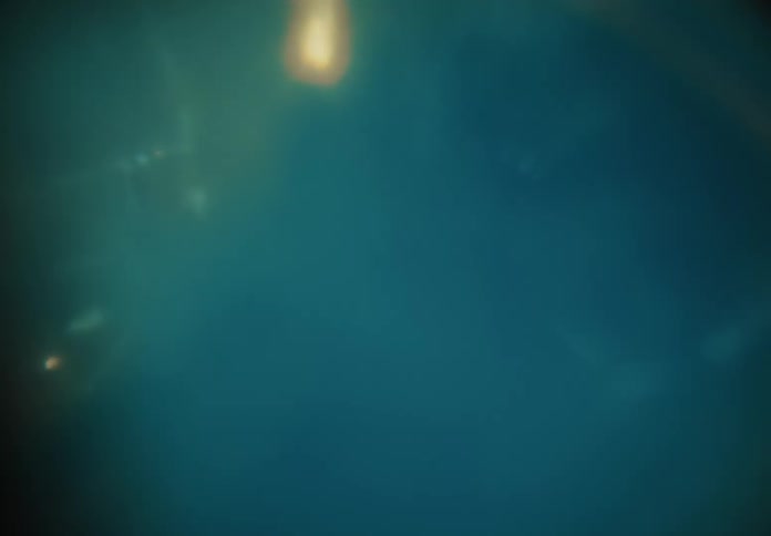 A hand drops blue powder into liquid in a glass creating a vivid burst of spreading blue color