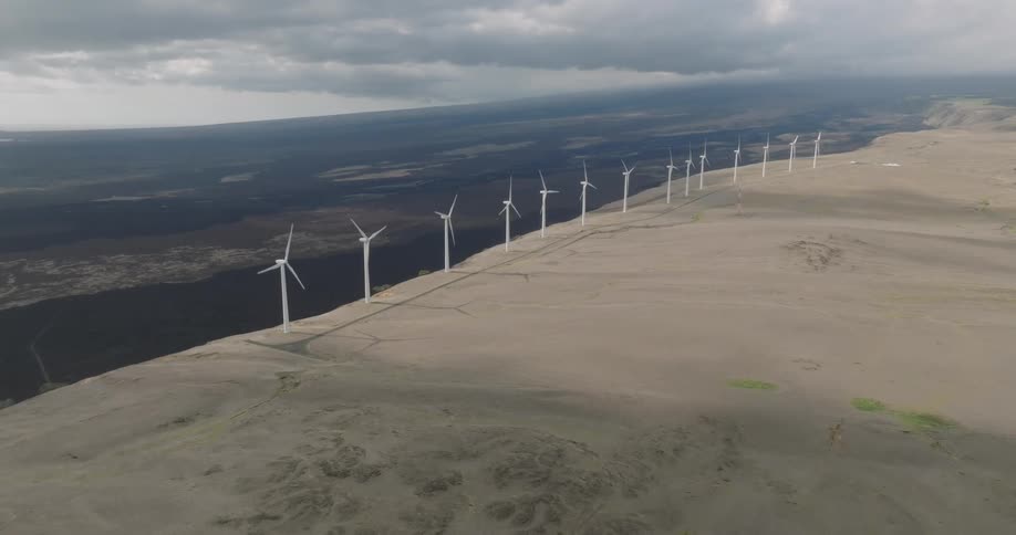 Aerial of a wind farm on a plateau on a cloudy day