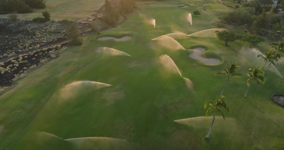 Aerial of automatic sprinklers spraying on a golf course