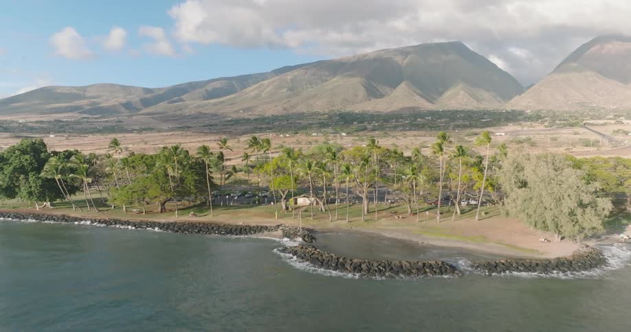 An island with a series of palm trees along the coast features dry land and distant mountains at midday as ocean waves crash against a rock barrier on the shore