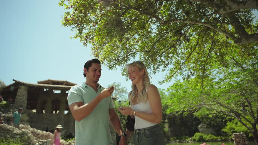 A man walks side by side with a woman plucking a leaf from a tree as they smile and hold hands with other people exploring the area behind them at midday