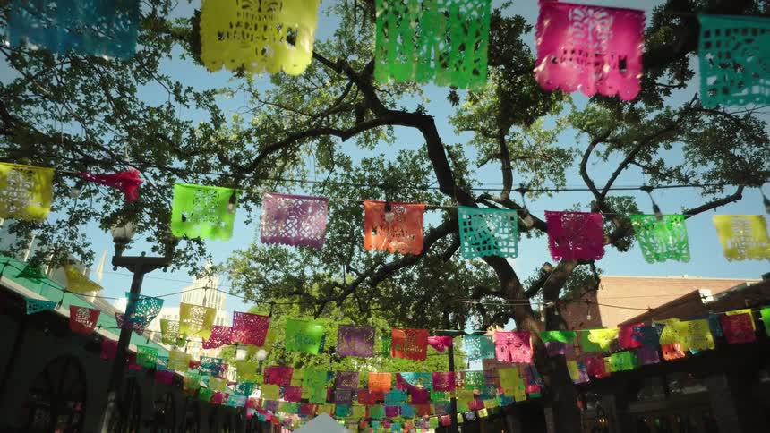 A treelined street decorated with colorful small flags