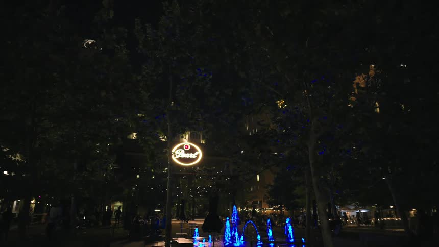 A night scene captures a park illuminated by a glowing sign and blue fountain lights framed by silhouetted trees