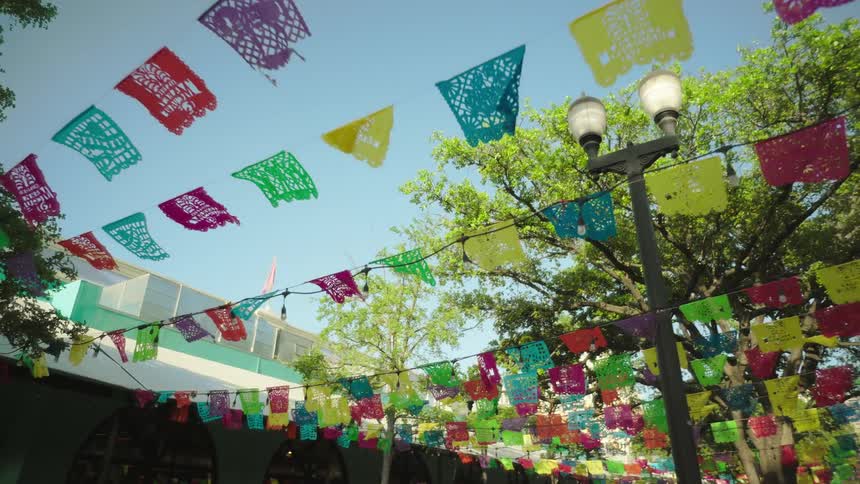Colorful decorations hang in the city