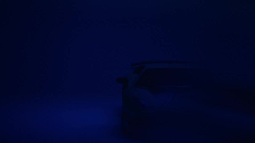 A white lamborghini aventador svj with black racing stripes is bathed in dim blue light against a matching backdrop