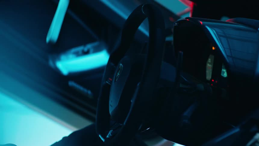 A man sitting behind the wheel of a sports car while the door closes