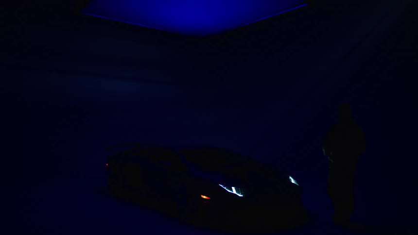 Man walking toward a lamborghini and touching it