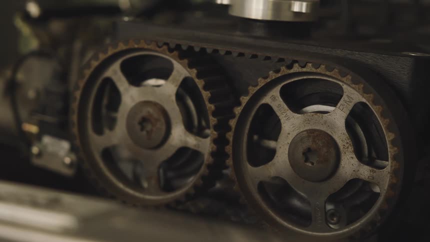 A closeup shot of two interlocking metal gears connected by a belt inside a machine