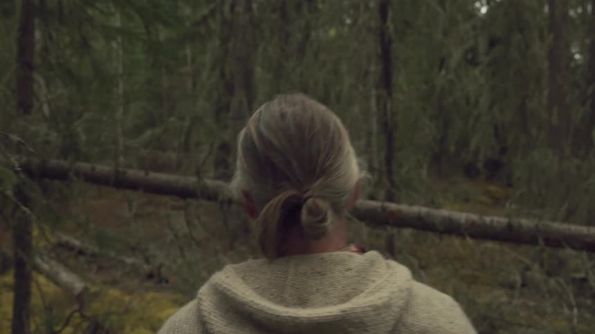 The back of a person with light colored hair styled in a low bun walking through a forest