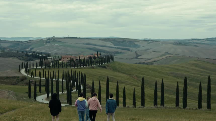 A group of people walk through a field