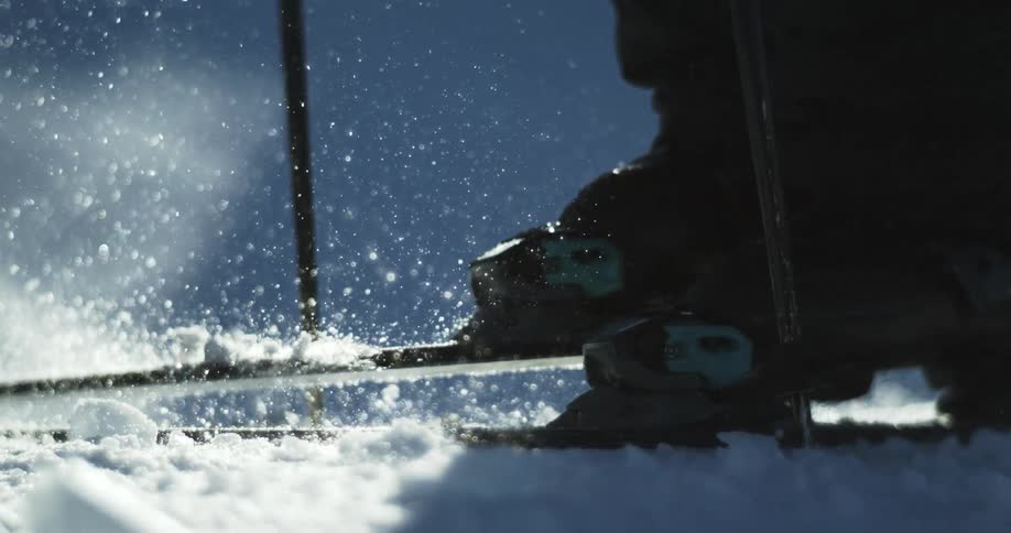 Close up of a persons feet with skiing equipment in the snow