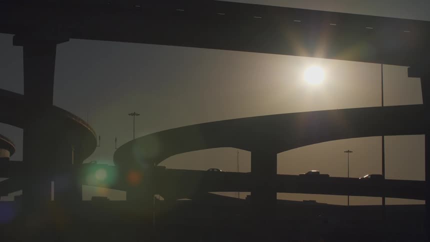 Traffic backed up on a highway overpass