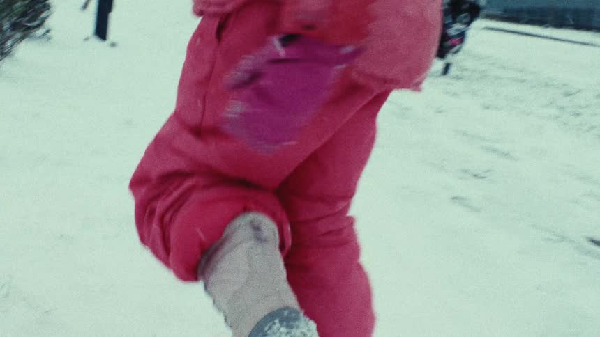 Child walking in the snow and in the background an adult walking a dog
