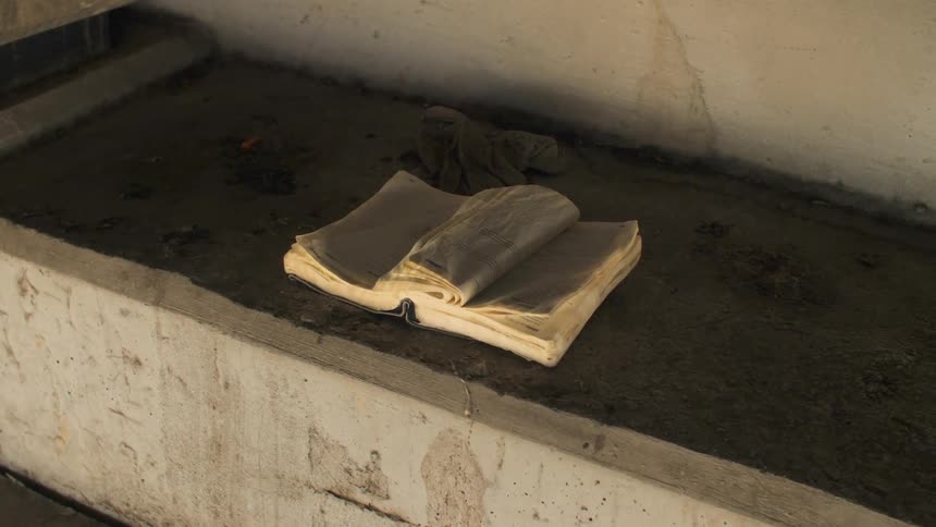 A waterlogged book on a bench