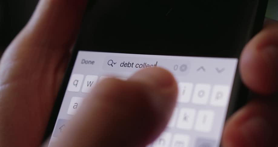 A person searches debt collection on their cell phone