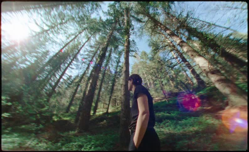 A young woman stands in the middle of an evergreen forest on a sunny summer day