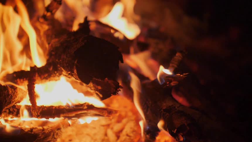 Wood fire burning at night