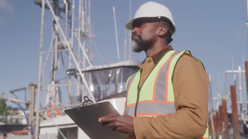 A man in a hard hat and safety vest smiles while taking notes on a clipboard at a dockyard
