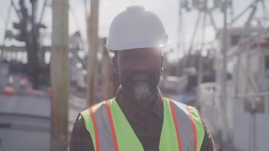 Male worker wearing a hardhat stands on the dock between boats on a sunny day