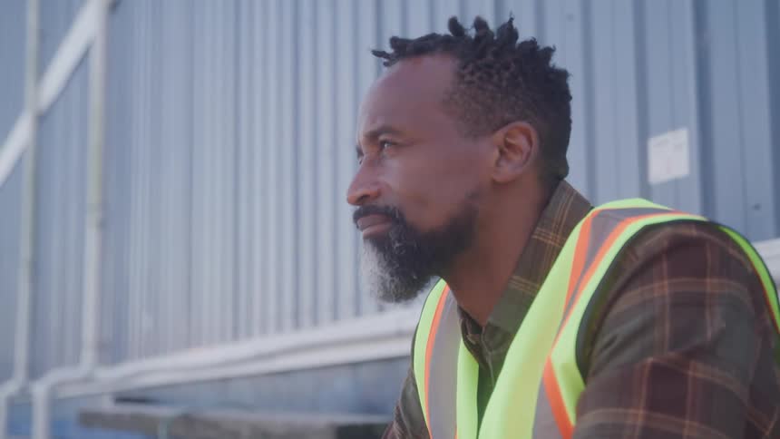 The worker is sitting against the building