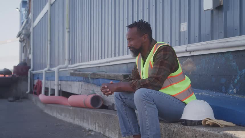 A man wearing a green vest sits on a concrete ledge beside a building with a hard hat by his side looking sad and deep in thought