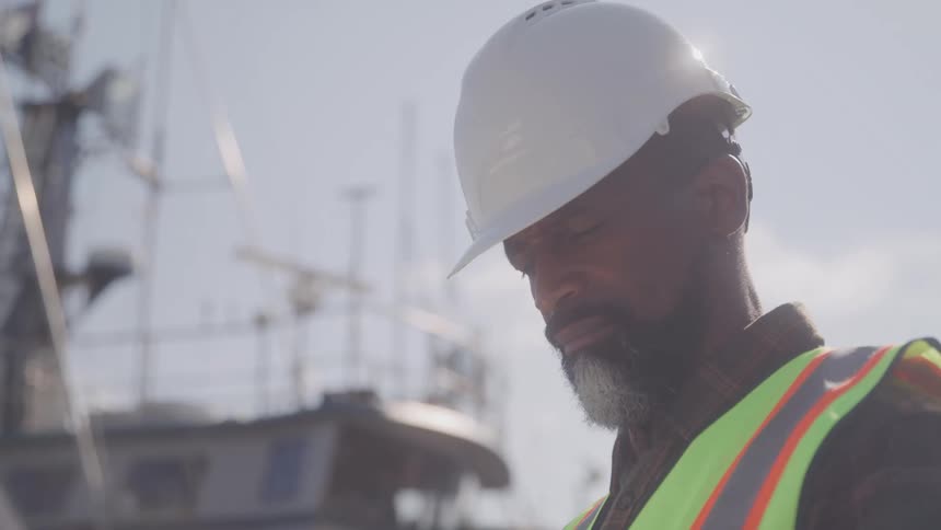 A man in a hardhat and safety vest is standing near a boat