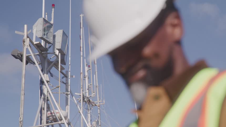 A man in a hard hat and safety vest is out of focus in the foreground while a communication tower with antennas is in focus against a blue sky behind him