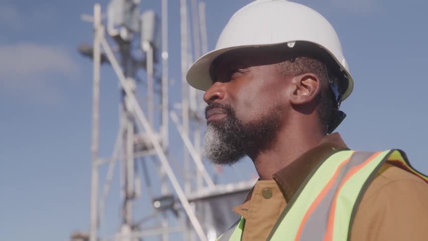 A construction worker in a hard hat and safety vest looks into the distance at a telecommunications site