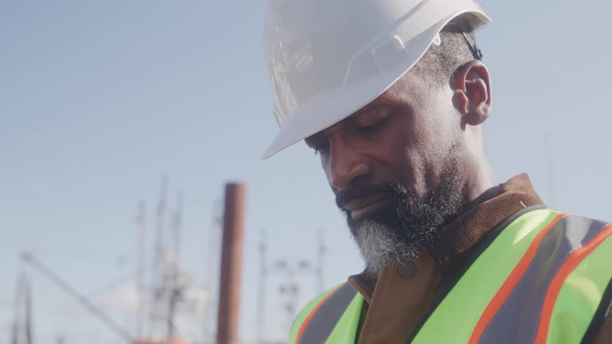A construction worker in a safety vest and hard hat looks down thoughtfully at a worksite