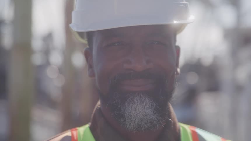 A construction worker stands confidently outdoors in soft sunlight wearing a white hard hat and safety vest