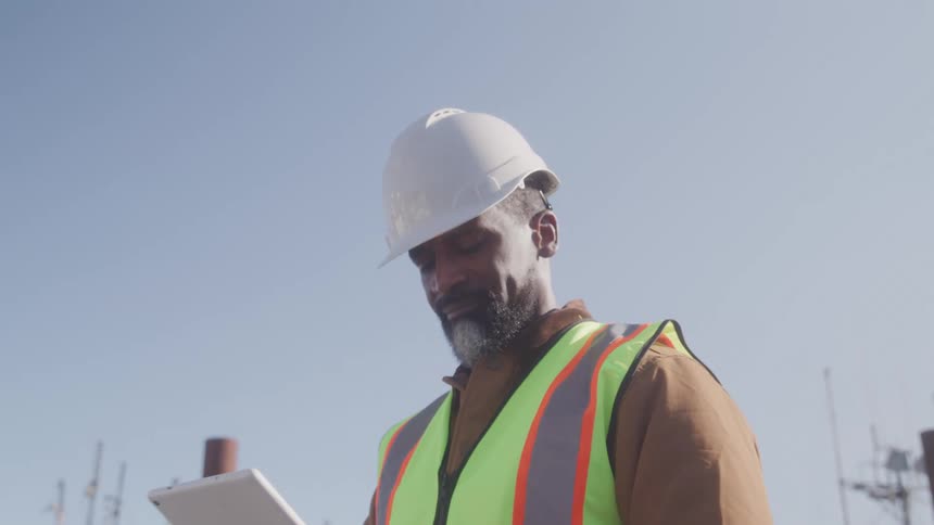 Man in protective helmet and vest making notes in a notebook while standing in a port