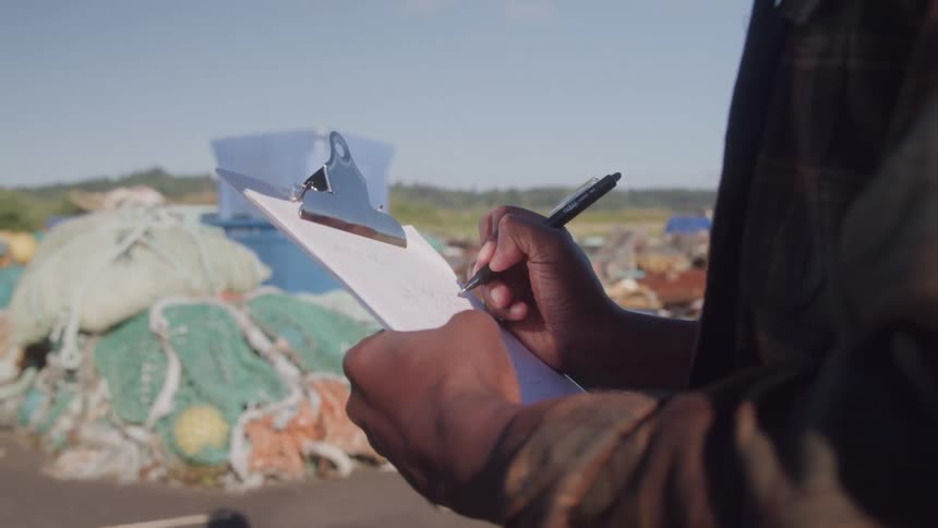 A persons hand using a black pen to write on a clipboard with white paper