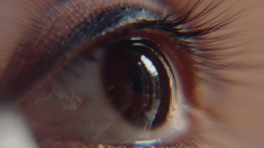 A closeup of a female eye featuring a neatly drawn black eyebrow line above her brow and a browncolored eyeball