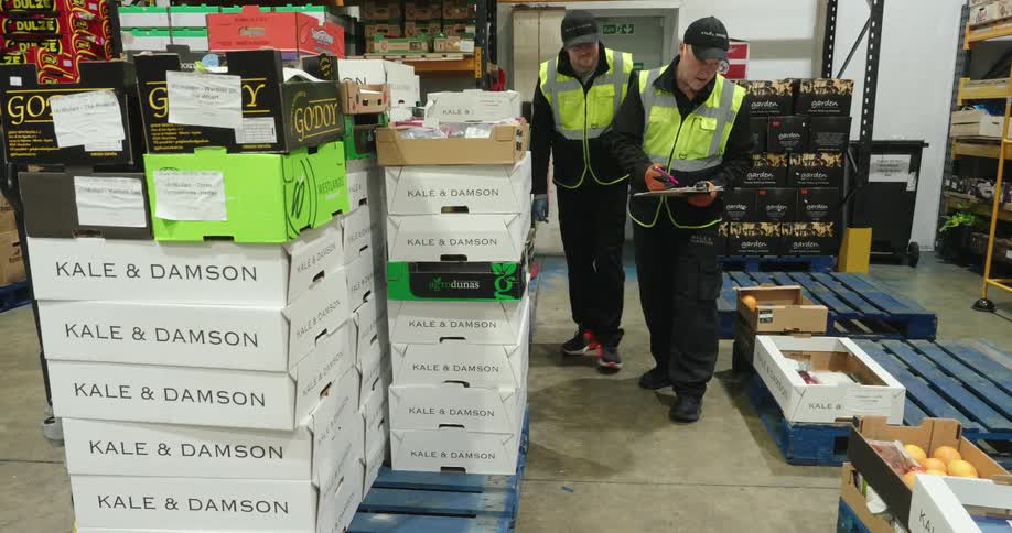 Two warehouse workers wearing hats and green vests take inventory of products