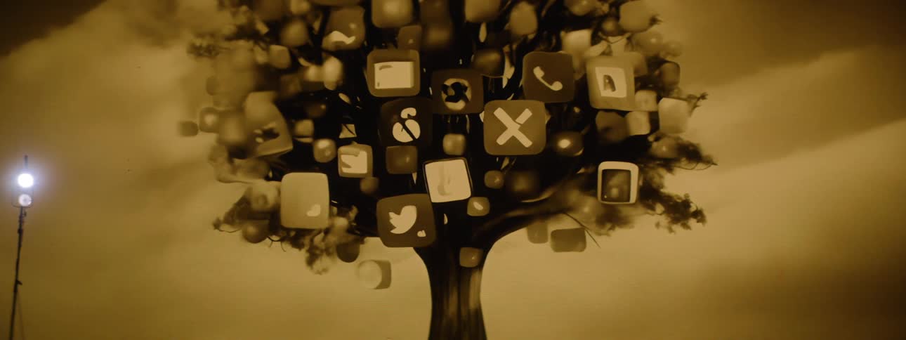A digital illustration of a tree full of blocks with symbols moving around inside them