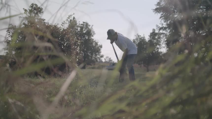 A man is digging in the grass