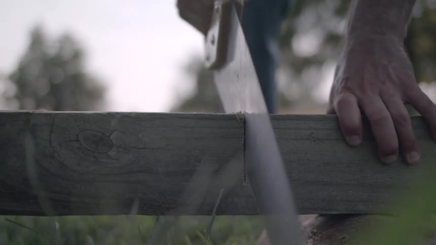 A man holds a piece of wood to the ground with one hand while cutting it with a saw blade using the other hand at midday on a grass field