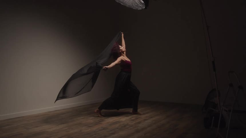 Woman maintains a pose while wearing a diaphanous outfit