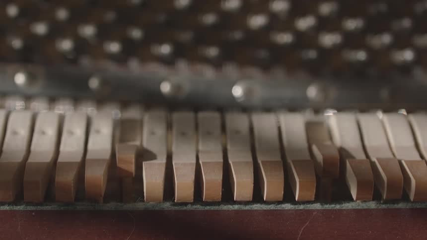 Dust coats the inside of a piano being played