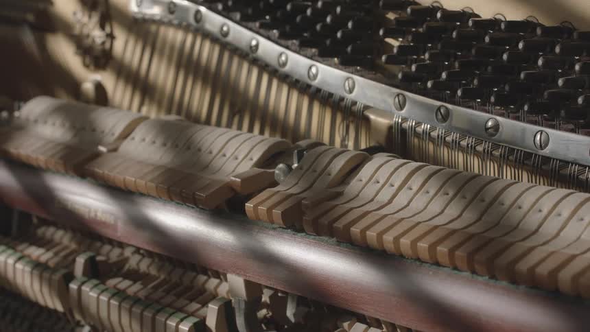 Detail of the internal keys and hammers of a piano in soft lighting