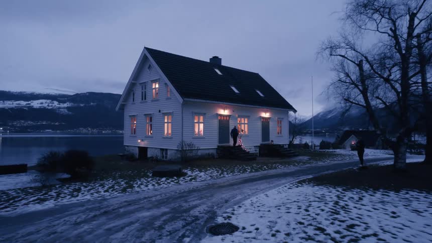 A person walks out of a solitary white house with illuminated windows near a tranquil fjord under a dusky sky surrounded by snowdusted land and distant mountains
