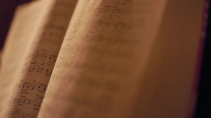 An open book with various musical note symbols on the white pages