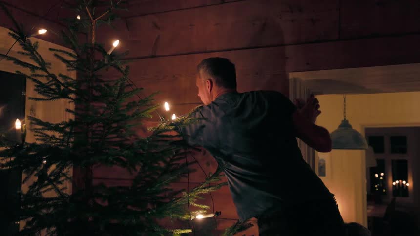 A man shuts off the lights near a christmas tree