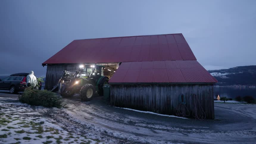 A man carrying a pine tree in an environment where the ground is covered in snow next to a redroofed house with a tractor