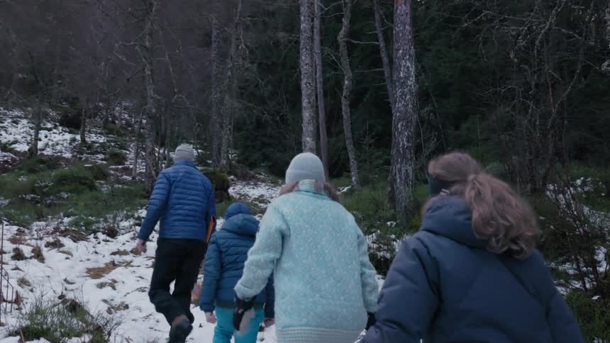 A family climb a hill in the forest together
