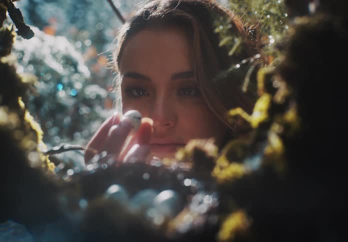 Viewed from inside a mossy birds nest a woman with long hair peers in and gently picks up a small speckled egg her face illuminated by dappled sunlight
