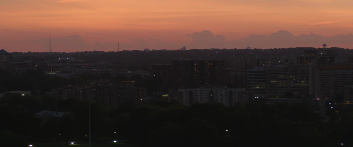 The sun is setting over this city
