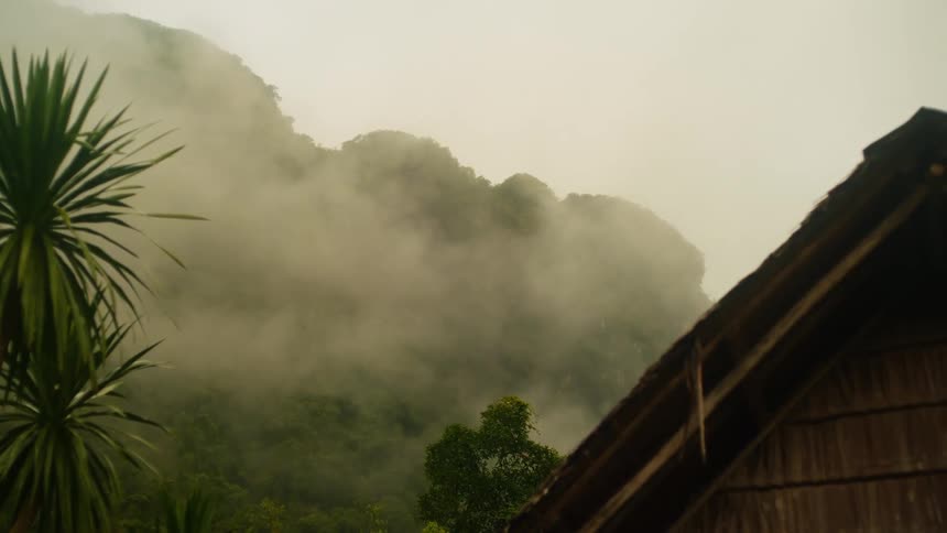 Wooden house in the foreground and forested mountains with fog in the background